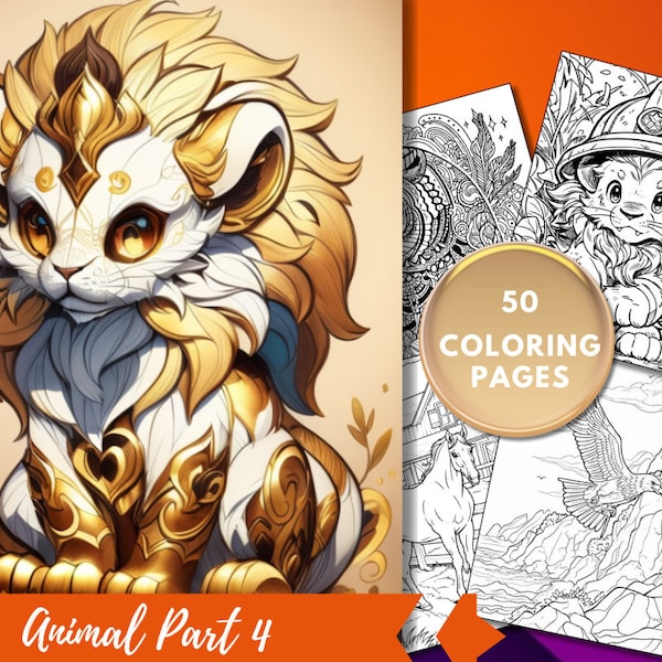 Animal Part 4 50 Page Cute Fantasy Coloring Book, Coloring Pages for Children & Adults, Instant Download, Printable PDF