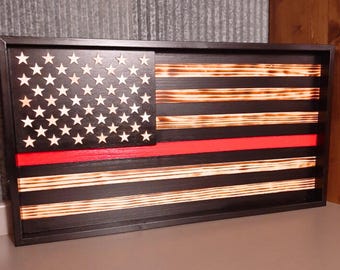 Thin Red Line Wooden American Flag