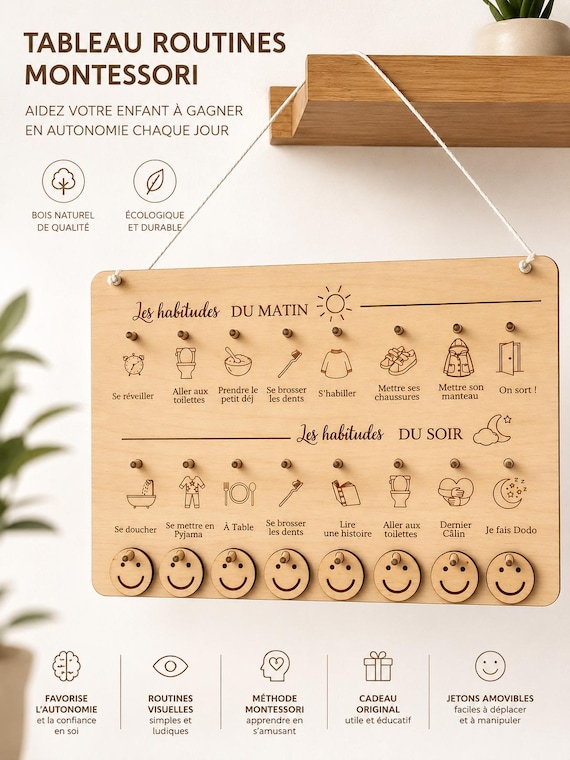 Tableau routine enfant personnalisé | Routine matin et soir | Tableau Montessori en bois | Autonomie enfant
