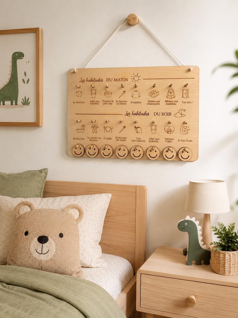 May include: A wooden chore chart with the text "Les habitudes DU MATIN" and "Les habitudes DU SOIR" is hanging on a wall. The chart has icons and pegs for morning and evening routines. A framed dinosaur print, a bear pillow, and a green dinosaur figurine are also visible.