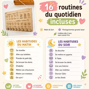 May include: Wooden daily routine chart with engraved icons and the text "16 routines du quotidien incluses." Includes morning and evening habits. Features a sun and moon design with French text.