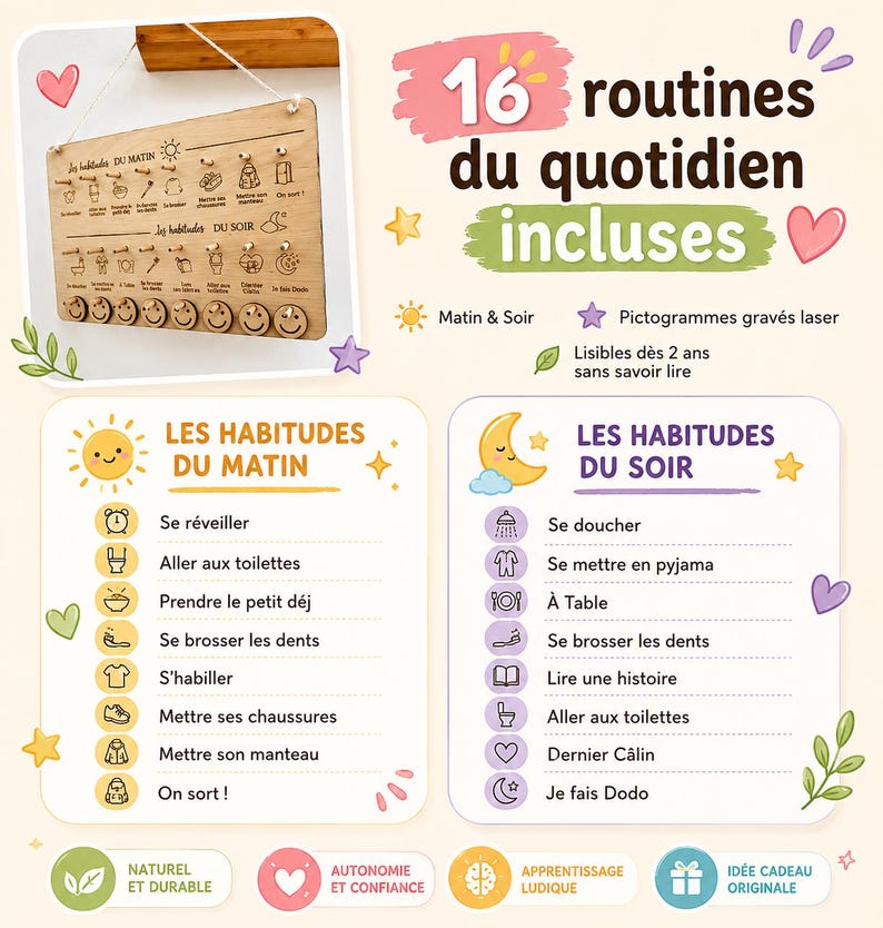 May include: Wooden daily routine chart with engraved icons and the text "16 routines du quotidien incluses." Includes morning and evening habits. Features a sun and moon design with French text.