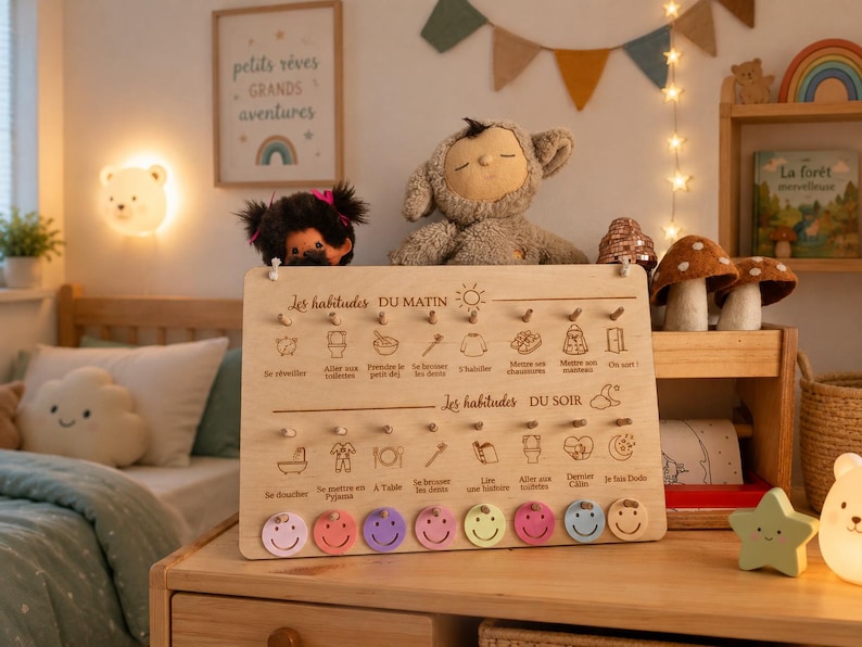 May include: A wooden morning and evening routine chart with colorful smiley face tokens. The chart has illustrations and French text. A plush monkey and other toys are on a wooden shelf. A framed picture with French text hangs on the wall.