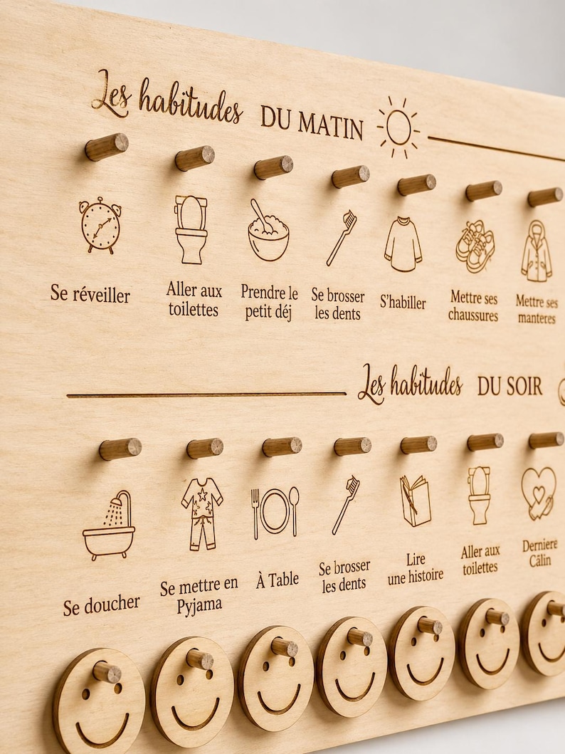 May include: Wooden morning and evening routine chart with engraved icons and text in French. Includes icons for waking up, brushing teeth, and getting dressed. Features smiley face tokens for completing tasks.