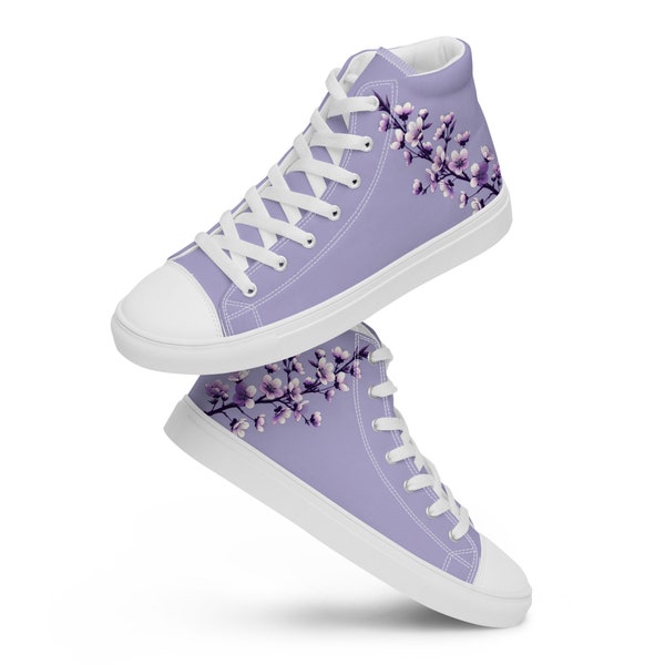 Violet Cherry Blossom Women's High Top Canvas Shoes | Fashionable Floral Footwear, Purple Flower Sneakers