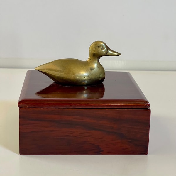 Vintage Lacquered Square Wood Box with Grass Duck on the Top