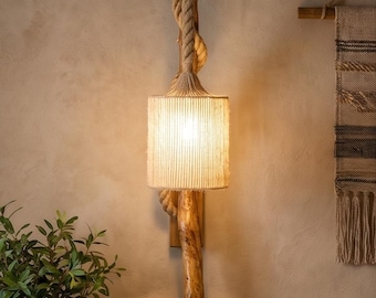 Boho Driftwood Pendant Light, Handmade Village Style Wood Wall Lamp, Rustic Natural Wooden Lighting
