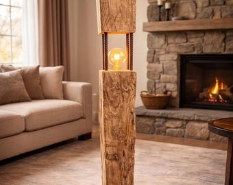 Reclaimed Oak Railway Sleeper Floor Lamp, Handmade Industrial Standing Lamp with Iron Base