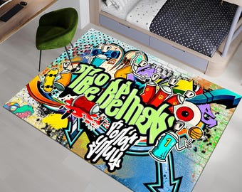 Alfombra de grafiti, alfombra urbana, alfombra pop art, alfombra colorida, alfombra única, alfombra moderna, alfombra street art, alfombra personalizada, alfombra de área, alfombra de sala, regalos para él