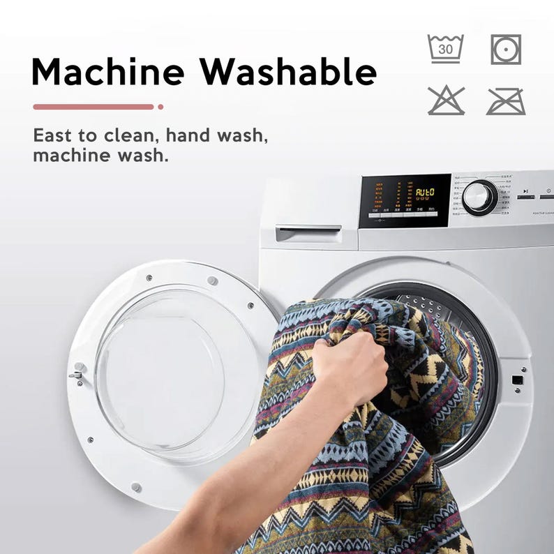 May include: A patterned blanket in blue, yellow, and purple is being put into a white washing machine. The text "Machine Washable" is above the machine, with care symbols. The blanket is easy to clean, hand wash, and machine wash.