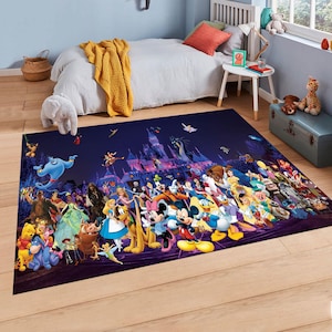 May include: A rectangular rug with a dark blue background, showcasing a colourful collage of Disney characters. The design includes Mickey Mouse, Cinderella, and Genie, with a castle silhouette. The rug is placed on a wooden floor.