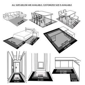 May include: A black and white illustration showing different rug sizes and furniture layouts, including a sofa, dining tables, a bed, and a desk. Dimensions are given in centimetres, such as 160 x 230cm and 150 x 200cm. Text reads "ALL SIZES BELOW ARE AVAILABLE, CUSTOMIZED SIZE IS AVAILABLE."