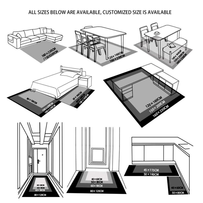 May include: A black and white illustration showing different rug sizes and furniture layouts, including a sofa, dining tables, a bed, and a desk. Dimensions are given in centimetres, such as 160 x 230cm and 150 x 200cm. Text reads "ALL SIZES BELOW ARE AVAILABLE, CUSTOMIZED SIZE IS AVAILABLE."