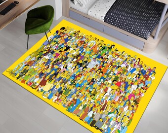 May include: A rectangular yellow rug featuring a crowd of cartoon characters. The rug has a yellow border and is placed on a light gray floor. The characters are depicted in various colors and outfits.