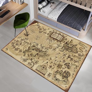 May include: A rectangular rug with a map design, featuring a parchment-like background and detailed illustrations of castles, ships, and other elements. The rug has a brown border and includes the text "The Wizarding World Harry Potter".
