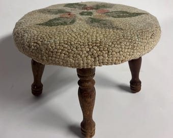 Vintage Hocker Hooked Nadelspitze Shag Floral Vierbein Beige Rosa Grün Fußhocker Hippie Boho