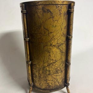 Vintage Hollywood Regency Gold Leaf Gilt Faux Bamboo Metal Trashcan Planter Cache Pot Italian Style
