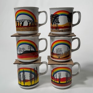Set of 6 Vintage 1970’s Japan Rainbow Forest Ceramic Coffee Mugs