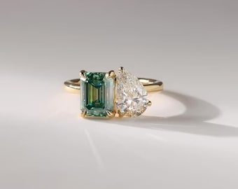 5,50 TCW Pear & Green Emerald Cut Moissanite verlovingsring Vintage trouwring 18K gouden ring sierlijke ring twee stenen ring Toi Et Moi ring