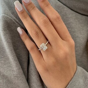 3 CT Emerald Cut Moissanite Engagement Ring, Classic Pave Ring, Hidden Halo Wedding Ring, Solitaire Ring, Art Deco, Vintage Ring, 4 Claws image 1