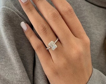 3 CT Emerald Cut Moissanite Engagement Ring, Classic Pave Ring, Hidden Halo Wedding Ring, Solitaire Ring, Art Deco, Vintage Ring, 4 Claws