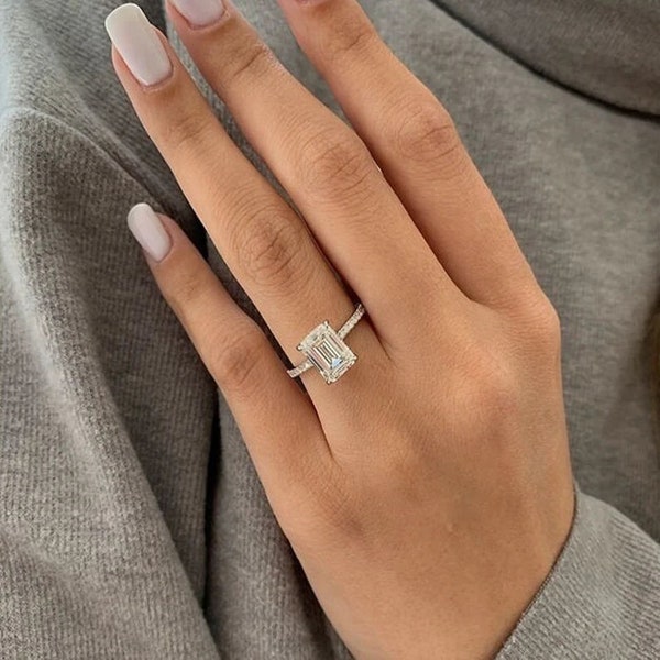 3 CT Emerald Cut Moissanite Engagement Ring, Classic Pave Ring, Hidden Halo Wedding Ring, Solitaire Ring, Art Deco, Vintage Ring, 4 Claws