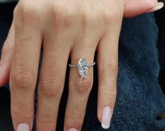 2.50 Ct Marquise Cut Moissanite Engagement Ring, Pave-Hidden Halo Ring, Classic 2 Prongs Ring, Unique Bridal Ring, Wedding Ring