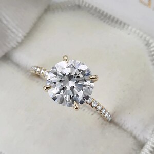 2.5ct Round Cut Moissanite Engagement Ring, Unique Pave Wedding Ring, 4 Prongs Solitaire Ring, Vintage Ring, Invisible Halo ring