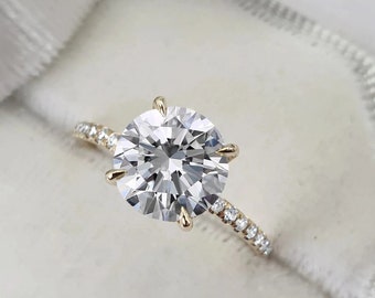 2.5ct Round Cut Moissanite Engagement Ring, Unique Pave Wedding Ring, 4 Prongs Solitaire Ring, Vintage Ring, Invisible Halo ring
