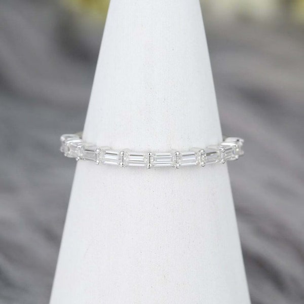 Baguette Cut Moissanite Diamond Wedding Band Thin Wedding Band Minimalist Matching Band Baguette Stacking Ring Half Eternity Engagement Band