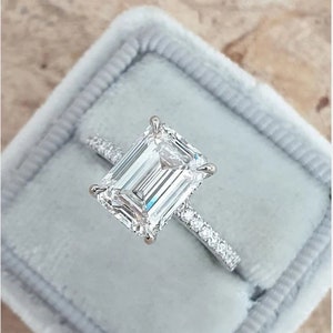 3 CT Emerald Cut Moissanite Engagement Ring, Classic Pave Ring, Hidden Halo Wedding Ring, Solitaire Ring, Art Deco, Vintage Ring, 4 Claws image 3