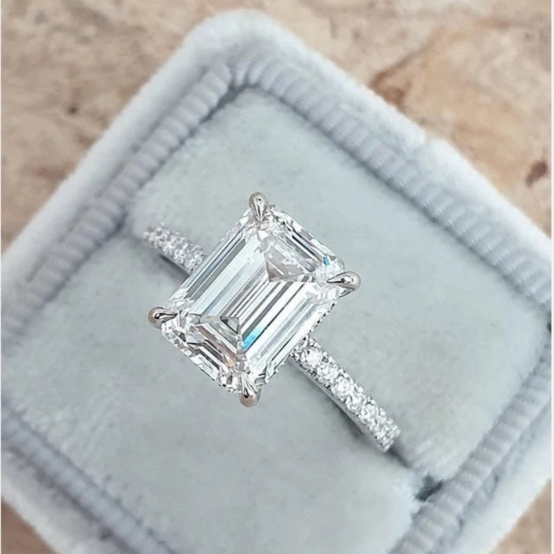 3 CT Emerald Cut Moissanite Engagement Ring, Classic Pave Ring, Hidden Halo Wedding Ring, Solitaire Ring, Art Deco, Vintage Ring, 4 Claws image 3