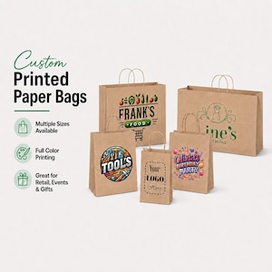May include: A collection of custom printed paper bags in various sizes. The bags are brown with different logos and text, including "FRANK'S FOOD", "TOOL'S", "Olivia's BIRTHDAY PARTY", and "Your LOGO Here". The bags have handles and are suitable for retail, events, and gifts.