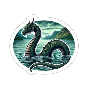 May include: A green, serpentine dragon emerges from a lake, its head raised above the water. The dragon has a long, slender body with scales and a pointed snout. The lake is surrounded by mountains and a cloudy sky.