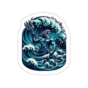May include: A blue and white illustration of a powerful figure holding a trident, standing in a swirling sea of waves.