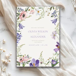 Lila und grüne Hochzeitseinladung, Hochzeitseinladung Lila Blumen, Frühlingshochzeit, Blumenhochzeit