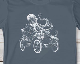 Octopus Chauffeur Tee, Vintage Auto Enthusiast Shirt, Retro Car & Sea Creature Top, Quirky Steampunk Octopus Driver Graphic Unisex T-Shirt