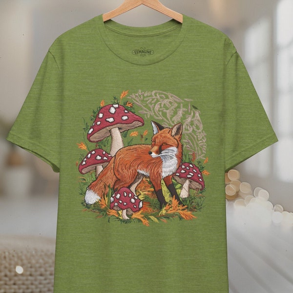 Vintage Hunting Fox Graphic T-Shirt, Fall Forest Animal Tee, Retro Unisex Mushroom Shirt, Woodland Nature Top, Men's Women's Casual Outfit