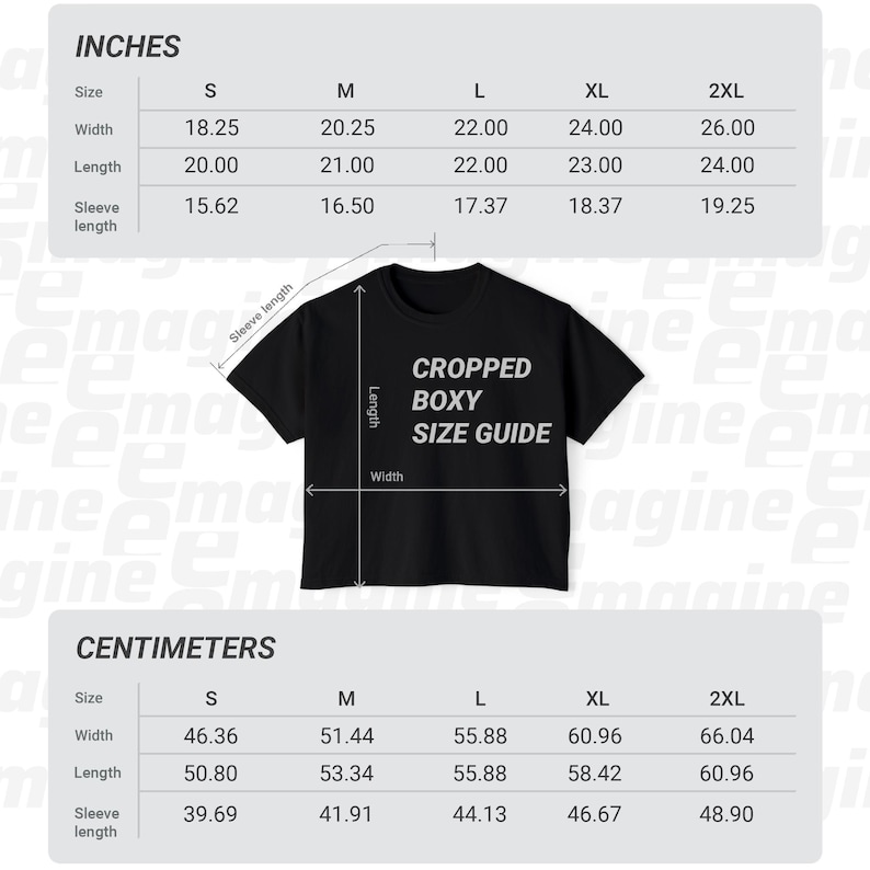 May include: A black cropped boxy t-shirt displayed with a size guide chart. The chart provides width, length, and sleeve length measurements in inches for sizes S, M, L, XL, and 2XL, and in centimeters for the same sizes, with labels on the shirt.