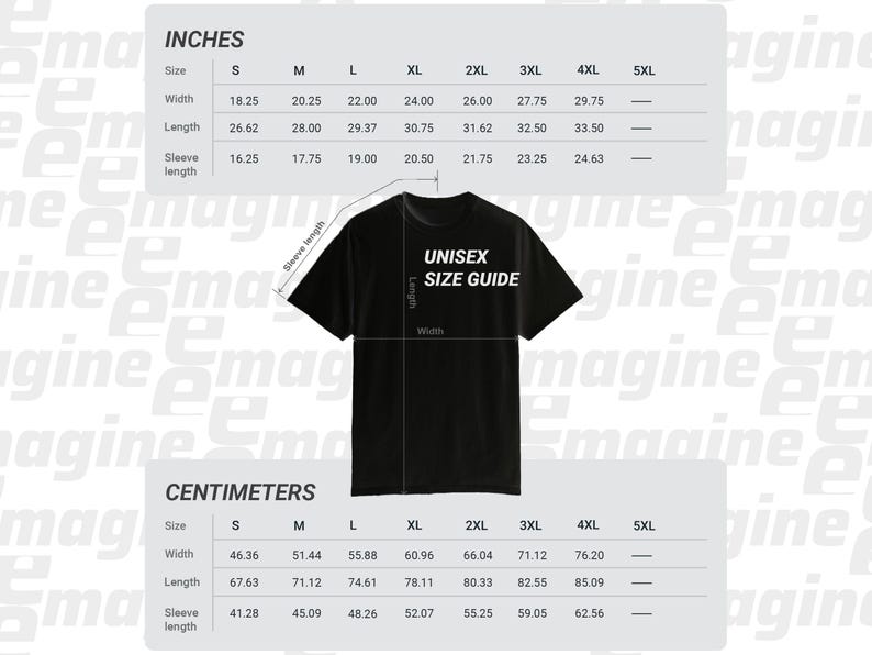 May include: A black t-shirt displayed with a unisex size guide featuring tables for inches and centimeters. The chart lists width, length, and sleeve length measurements for sizes S through 5XL. The text UNISEX SIZE GUIDE is printed on the shirt.