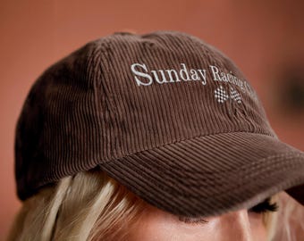 Vintage Embroidered Corduroy Hat, Sunday Racing Club, Motorsport Fan Gear, Grand Prix Weekend Cap, Race Enthusiast Gift, Car Guy Apparel