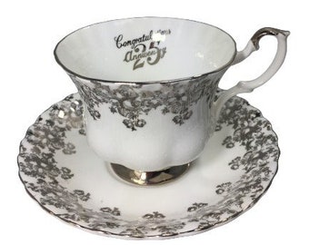 Celebration Royal Albert Tea Cup en Schotel Bone China Made in England Gefeliciteerd 25-jarig jubileum Zilverpatroon