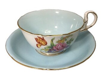 Vintage Royal Grafton Teacup and Saucer pastel Blue with floral design bone china