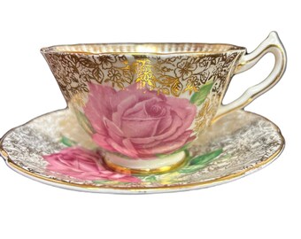 Stunning Vintage Collingwoods Tea Cup and Saucer "Tudor Rose" Bone China Made in England, Beautiful Rose Hand-Painted Design Gold Inspo