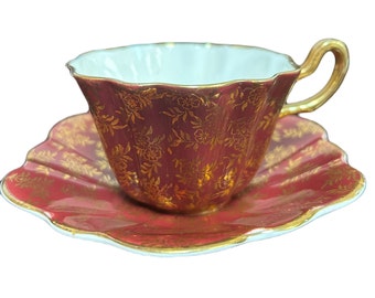 Seltene Vintage Royal Stuart Spencer Stevenson Teetasse und Untertasse Burgund und Floral Gold Design Bone China Made in England Sammlerstück