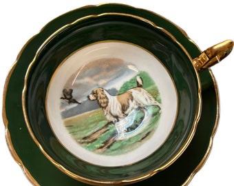 Vintage Regency Tea Cup and Saucer Hand-Painted Dog Gold Trim Antique, Collectible Gift, Tea Party, Green Cup