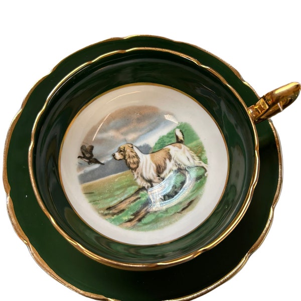Vintage Regency Tea Cup and Saucer Hand-Painted Dog Gold Trim Antique, Collectible Gift, Tea Party, Green Cup