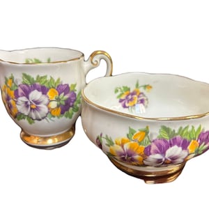 Vintage Windsor Creamer and Sugar Bone China Tea Set Made in England "Viola-Time Series" Tea Party Floral Yellow and Purple Design 2 Piece