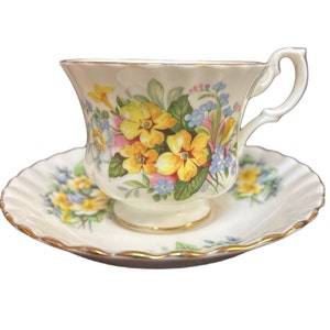Beautiful Vintage Royal Albert Tea Cup and Saucer &quot;Summertime Series&quot; Bone China Made in England Yellow and Blue Floral Design - Antique Cup
