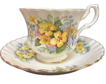 Beautiful Vintage Royal Albert Tea Cup and Saucer "Summertime Series" Bone China Made in England Yellow and Blue Floral Design - Antique Cup
